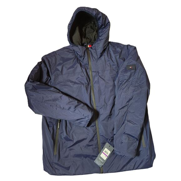 Tommy Hilfiger THFLEX Wind & Rain Resistant Hooded Jacket Men's XXL Navy Blue - Picture 1 of 12